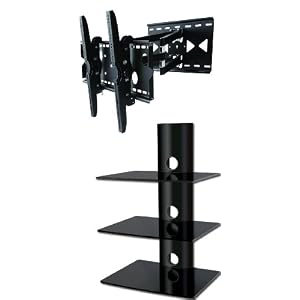 PACKAGE DEAL! Three GLASS SHELVES Wall Mount for AV Components-all BLACK + Universal TILT Bracket with SWIVEL Extension DOUBLE ARM for JVC 37 40 42 46 47 50 52 54 55 60 inch TV Flat Panel-HD Ready Screen