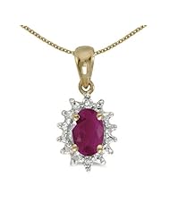 10k Yellow Gold Oval Ruby And Diamond Pendant with 16" Chain