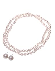 14k Gold Pink Pearl Stud Earrings and Strand Necklace Jewelry Set 36" Long Perfect Valentines Gift for Women