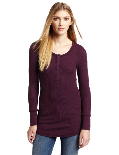 Splendid Womens Thermal Long Sleeve Button Henley Shirt, Eggplant, Small