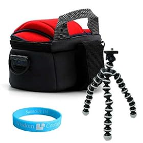 Plush Red Camcorder Carrying Case for Sanyo VPC FH1A Full HD Video and 8 MP Digital Photos + HDMI Cable + Flexible Sturdy Tripod