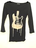Ladies Guitar Shirt Black Long Sleeve with Guitar Design Rocker Girl Top