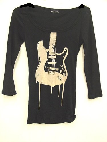 Ladies Guitar Shirt Black Long Sleeve with Guitar Design Rocker Girl Top