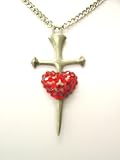 Pewter and Red Stones Dagger through Heart Pendant by Gasoline Glamour Chain Length: 16 Inch