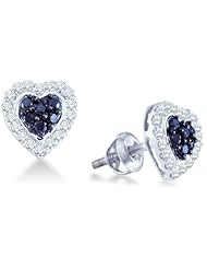 Blue and White Round Brilliant Cut Diamond Stud Earrings in 14k Yellow OR White Gold Heart Shape Setting (1/3 cttw)