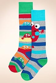 2 Pairs of Cotton Rich Monster Striped Welly Socks