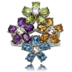 White Gold Flower Ring w/ Blue Topaz, Amethyst, Peridot & Citrine Gemstones