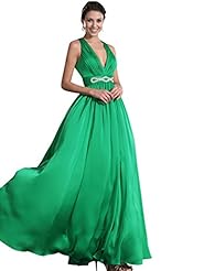 A-line V-neck Floor Length Chiffon Open-Back Lace Natural   Waistline Prom Dress 