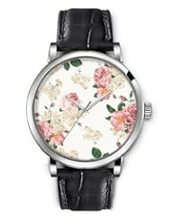 SPRAWL Aanalog Fashion Series Silver Ladies Watches of Genuine Black Leather Strap,Unique Wrist Watch for Women Girls Designed with Floral Pattern