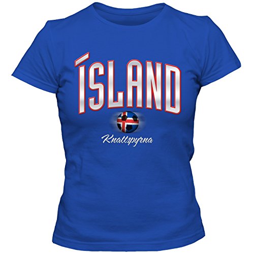 Damen Fußball T-Shirt Island Iceland Football EM Trikot DTG, Farbe:blau;Größe:S