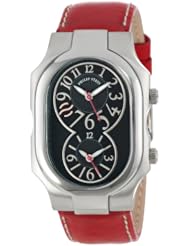 Philip Stein Unisex 2-BK-CSTR Signature Black Dual Time Zone Dial Red Stitched Calf Strap Watch