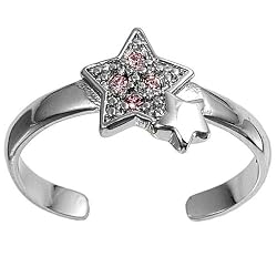 Sterling Silver Fashion Toe Ring - Stars with Pink CZ - 2mm Band Width