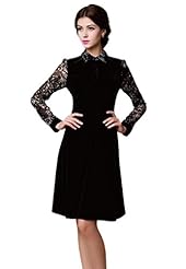 Long Sleeves Fitted Two-Toned Floral Print Silk/Velvet  Shirt Midi Dress 