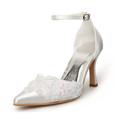 Women's Top Quality Satin Upper High Heel Pumps with Stitching Lace Wedding Bridal Shoes (Size: 10 B(M) US/Ivory)