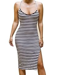 Sexy Summer Cotton Striped Print Backless Slit Midi Dress 