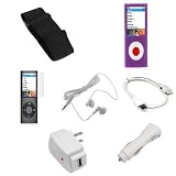 USB Data Cable + USB Car Charger + USB Home Charger + Purple Rubber Silicone Skin Case + Elastic Armband + Clear Reusable LCD Screen Protector + White 3.5mm Stereo Headset for Apple Ipod Nano Chromatic 8GB 16GB 4G 4th Generation