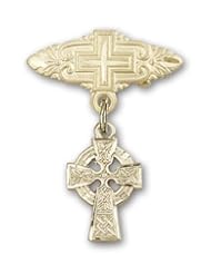 Gold Filled Baby Badge with Celtic Cross Charm and Badge Pin with Cross