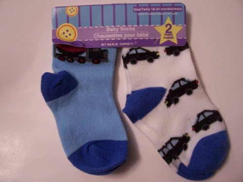 Max Grey Baby Socks ~ Set of 2, 18-24 Months (Red Construction Truck on Blue; Cars on White)