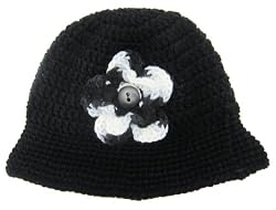 Handmade Acrylic Hat - Trendy Black with Crocheted Flower (Large Size/100% Crocheted By Hand)