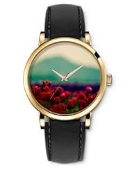 SPRAWL Aanalog Fashion Series Gold Ladies Watches of Genuine Black Leather Strap,Unique Wrist Watch for Women Girls Designed with red tulips