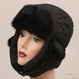 Down Filled Nylon Rabbit Fur Trooper Hat-Black