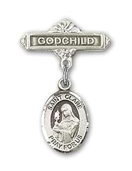 Sterling Silver Baby Badge with St. Clare of Assisi Charm and Godchild Badge Pin