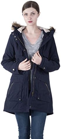 INFRON Women Navy Winter Outwear Faux Fur Lined Hooded Drawstring Zipper Parka