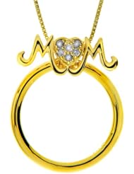 Yellow Gold Plated Sterling Silver Diamond "Mom" Two in One Pendant Necklace and Ring, Size 7