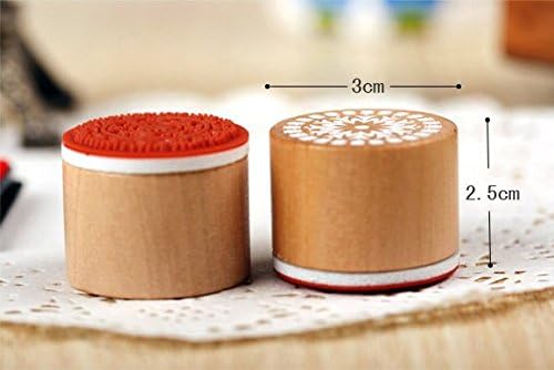 Kassadin Wooden Rubber Stamp Round Shape Floral Pattern 6 Pcs