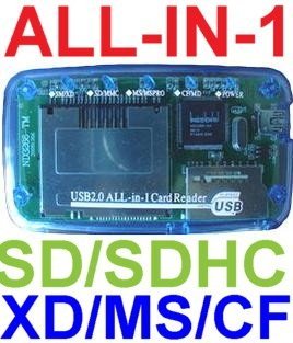 Mini All-in-1 Memory Card Reader Blue Compatible with: Secure Digital: miniSD (with adapter), microSD/TransFlash (with adapter), Compact Flash: CF I, CF II, CF Ultra II, MicroDrive, xD Picture Cards, Memory Stick: Memory Stick, Memory Stick Pro, Memory St