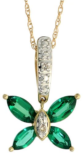 10k Gold 18" Chain & 11/16" (18mm) tall Butterfly Pendant, w/ Diamonds & Lab Created Marquise Cut Emerald Stones