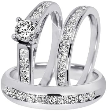 1 1/2 CT. T.W. Round Cut Diamond Trio Matching Wedding Ring Set 14K White Gold
