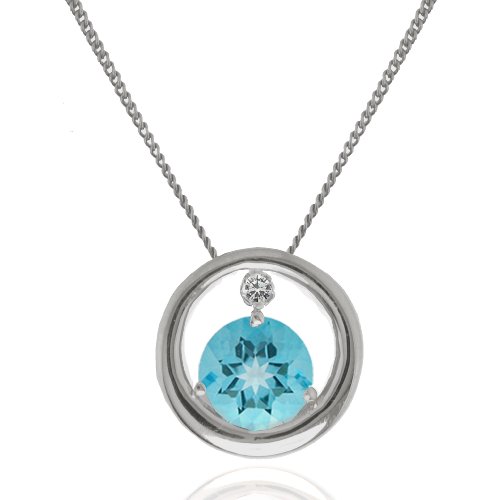 14k White Gold Round Swiss Blue Topaz and Diamond Circle Pendant, 17″