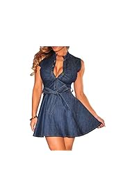 Sexy Denim/Polyester/Spandex Belted Skater Dress/Club Dress/Party Dress 