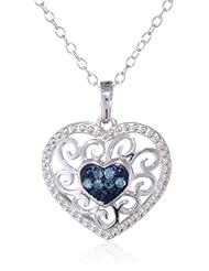 Sterling Silver Blue Diamond Filigree Heart Shaped Pendant Necklace (0.10 cttw, I1-I2 Clarity), 18"