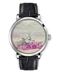 Analog Silver Ladies Girls Watches Black Leather Wristband - Purple Roses
