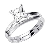 .925 Sterling Silver Princess-cut CZ Cubic Zirconia Solitaire Ladies Engagement Ring and Wedding Band 2 Two Piece Set (Size 5 to 9)