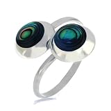 Sterling Silver Abalone Shell Round Shaped Double Heads Finger Ring - Adjustable Size 6,7,8,9