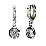 Diamond Cubic Zirconia Hinged Hoop Solitaire Drop Earrings in CAREFREE Sterling Silver