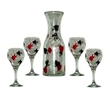 ArtisanStreet's 4-Piece Playing Cards Matching Set. Four Hand Painted Wine Glasses with Matching Carafe. Features Black Red Clubs, Spades, Diamonds and Hearts. Made to Order Signed by Artisan.