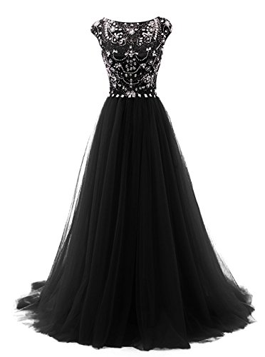 Tideclothes Long Beads Prom Dress Tulle Cap Sleeves Evening Dress