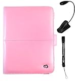 Pink Leather Cover Case and LED Light for Sony Reader eBook Touch Edition PRS-600 with 4-Inch eBigValue TM Determination Hand Strap