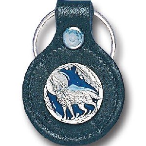 Small Leather & Pewter Key Ring - Wolf in Circle