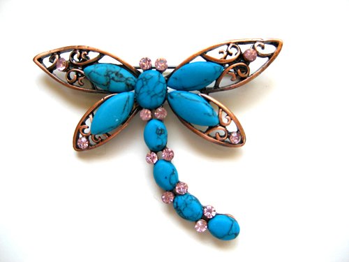 Simulated Turquoise Rose Pink Crystal Rhinestone Dragonfly Costume Pin Brooch