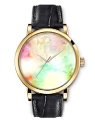SPRAWL Aanalog Fashion Series Gold Ladies Watches of Genuine Black Leather Strap,Unique Wrist Watch for Women Girls Designed with Flowers Under Blurry background colors