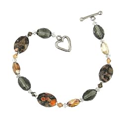 Bracelet - B43 - Handmade Genuine Leopard Skin Jasper Gemstone and Fire-Polished Beads - Oval Semi Precious Stone and Silver Tone Metal Beads ~ Toggle Closure