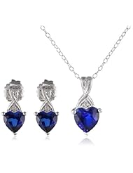 Sterling Silver Created Blue Sapphire and Diamond-Accent Heart Earrings and Pendant Necklace Set, 18"