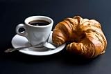 White Cup Coffee, Spoon and Croissant on Black Background - 48"W x 32"H - Peel and Stick Wall Decal by Wallmonkeys
