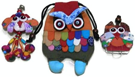 Set of Thai Embroidery Owl Cotton Hippie Hobo Boho Keychain ,Bag Purse Hanging and Crossbody Shoulder Coin Purse Bag