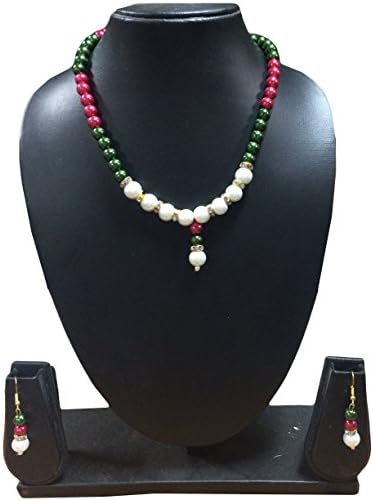 The Indian Arts Pink-Green-white Color Pearl Pendant Necklace with Earings Fashion Jewelry for Womens